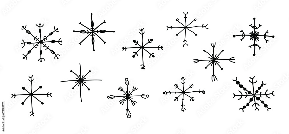 A set of snowflakes hand-drawn in boho style. Vector illustration for the decor of New Year's compositions, Christmas greetings in boho style. A set of snowflakes hand-drawn in boho style. Vector illustration for the decor of New Year's compositions, Christmas greetings in boho style.