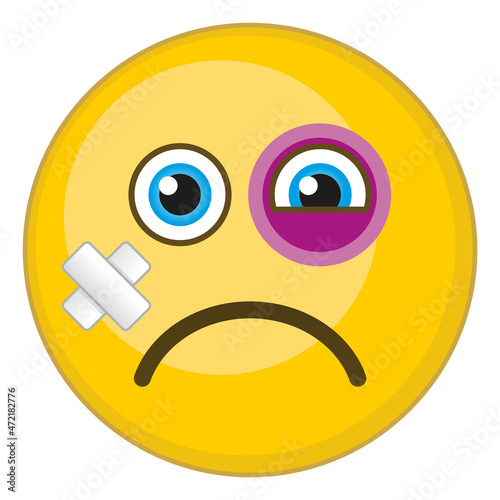 Sad face with black eye and band aid. Victim emoji