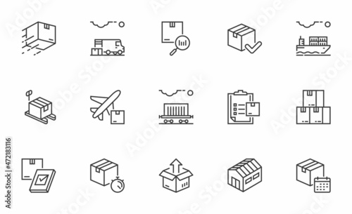 Set of Vector Line Icons Related to Logistics. Retail Warehouse, Shelves with Goods, Product Distribution. Editable Stroke. Pixel Perfect.