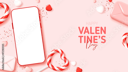 Happy Valentine's Day holiday banner. Greeting design with abstract composition for Valentine's Day. Vector illustration with smartphone, lollipops, envelopes, hearts and confetti. Holiday mockup.