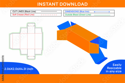 Straight tuck end folding box, Dieline template and 3D box editable easily resizeable_Box dieline and 3D box