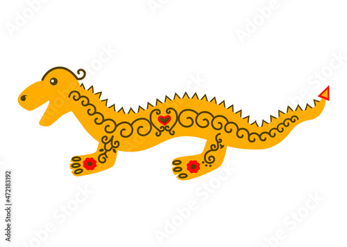 A yellow dragon with a crest on its back and patterns on its sides  a character
