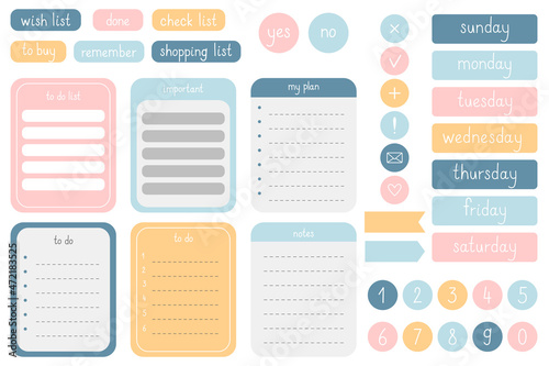 A set of cute elements for a notepad, planner, diary. Stickers for scrapbooking. To-do list, frames, bookmarks, frames, days of the week, numbers. Vector illustration