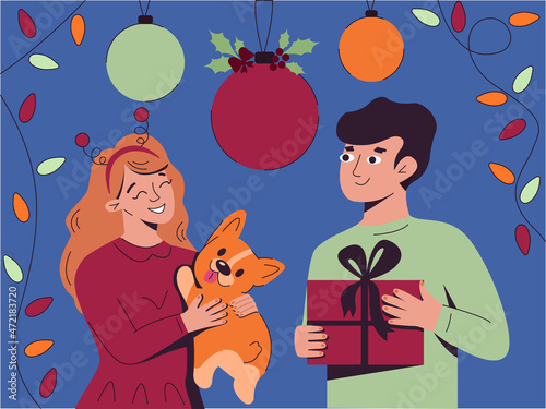 Characters exchange gifts. A guy and a girl celebrate Christmas. Merry Christmas and Happy New Year. Vector flat illustration.