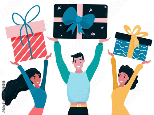 Close-up people with gifts. The season of giving. Vector illustration with joyful people and gift boxes in hands in flat style