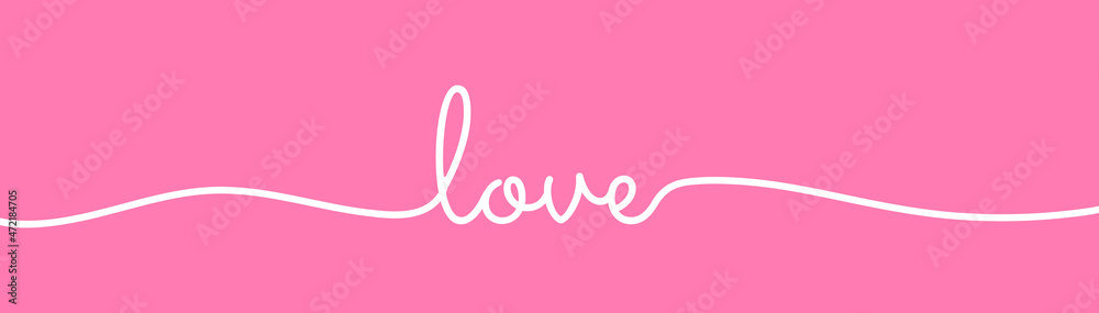 Love text in continuous line style. Cursive handwritten 'love' one line text on pink banner. Minimalist trendy lettering design for Valentine's Day greeting card or banner
