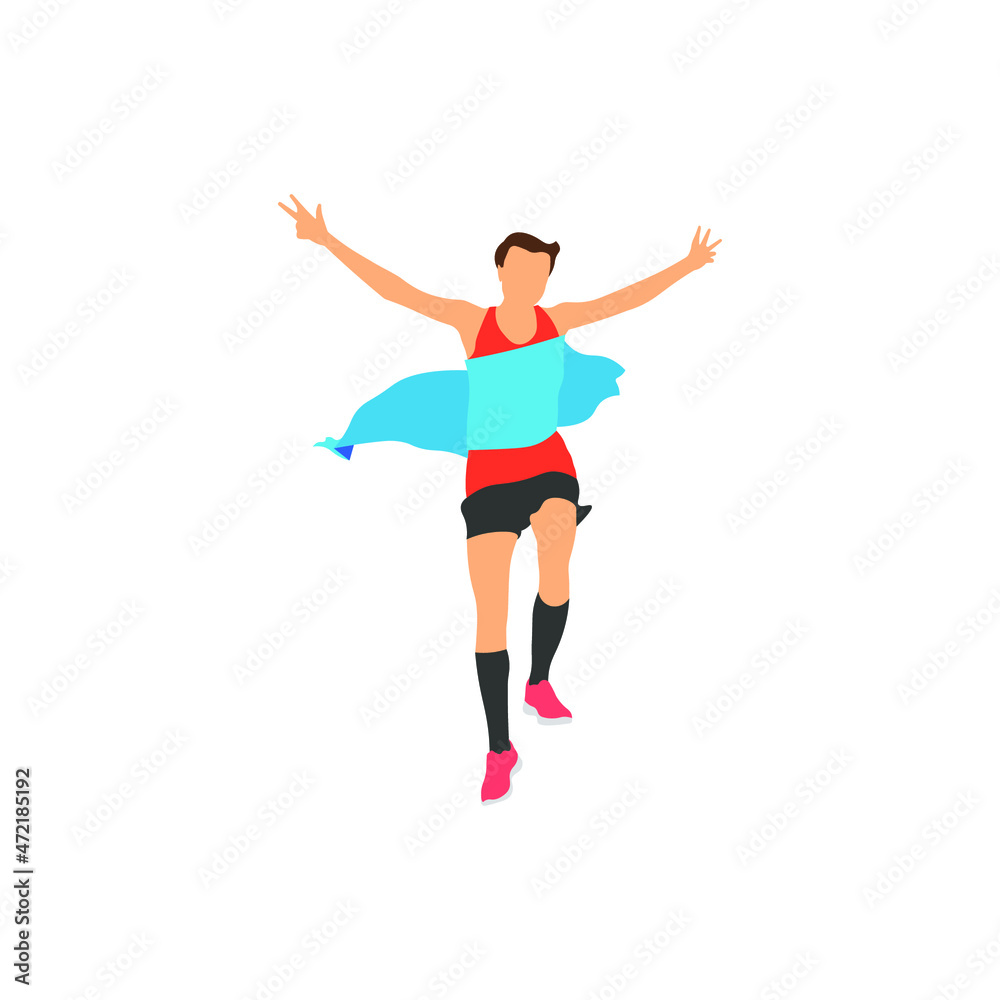 Male runner crossing red finish line and celebrating victory with fists up Male runner crossing red finish line and celebrating victory with fists up