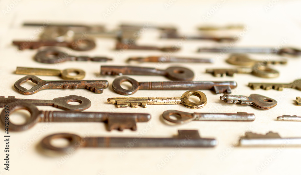 Antique keys are commonly reffered to as a bit or barrel keys, the former having a solid shrank and the latter being hollow. Here are some old antique and vintage keys against paper background. Antique keys are commonly reffered to as a bit or barrel keys, the former having a solid shrank and the latter being hollow. Here are some old antique and vintage keys against paper background.