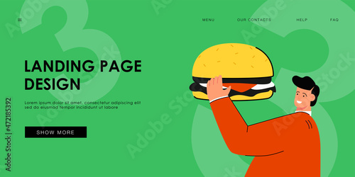 Tiny fat man holding hamburger flat vector illustration. Obesity, fast food, bad habit concept for banner, website design or landing web page