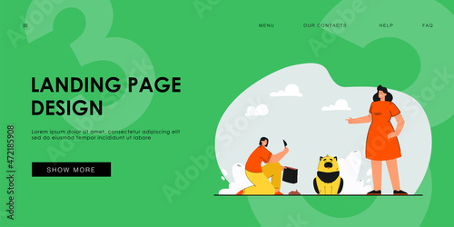 Woman cleaning up after dog. Female character taking away puppy poo in park, putting it into special bag. Keeping domestic animals concept for banner, website design, landing web page