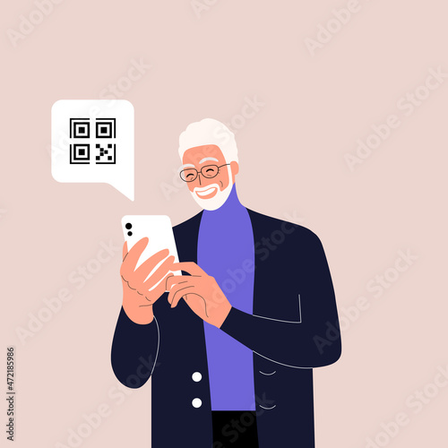Cute old man holding smartphone with QR sign. Concept of electronic id, identification, vaccine passport or certificate, QR verification, online shopping. Flat vector illustration for UI, app. Eps 10.