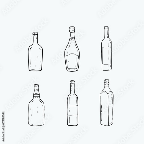Set bottle black and white hand drawn vector illustration