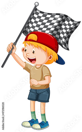 A boy holding checkered pattern flag