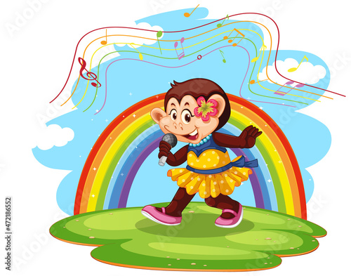 Monkey singing cartoon character with rainbow background