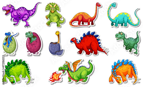 Sticker set with different types of dinosaurs cartoon characters