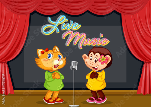 Cat and monkey performing singing on stage