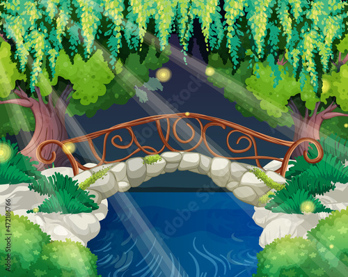Enchanted garden scene with stone bridge
