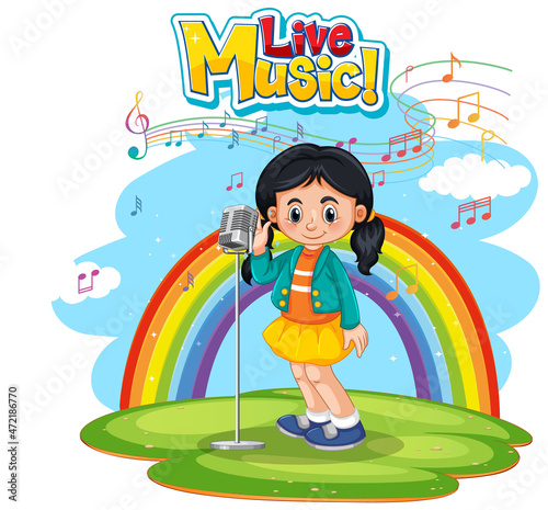 LIve Music logo with a girl singing on rainbow background