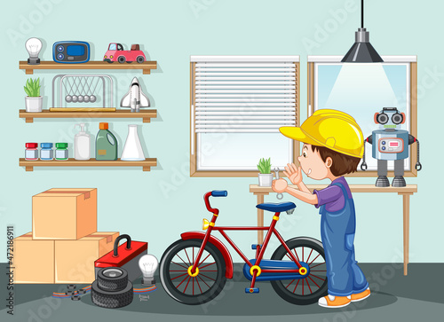 A boy fixing a bicycle in the room scene