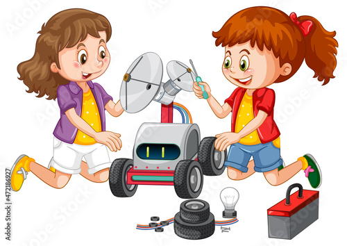 Children fixing a robot together on white background
