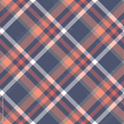 Seamless plaid pattern in dark grayish blue, red, khaki and white. All over diagonal fabric print. 