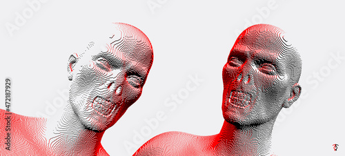 Zombie face. Abstract digital head constructing from cubes. Voxel art. 3D vector illustration.