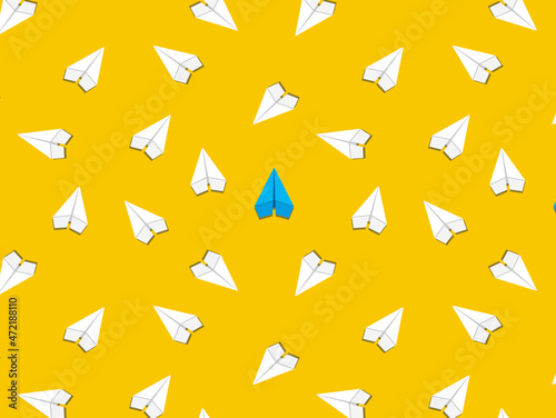 Business for new ideas creativity, innovation and solution concept, blue paper plane standing out from the group on yellow background. Business startup different from others. Vector seamless pattern.