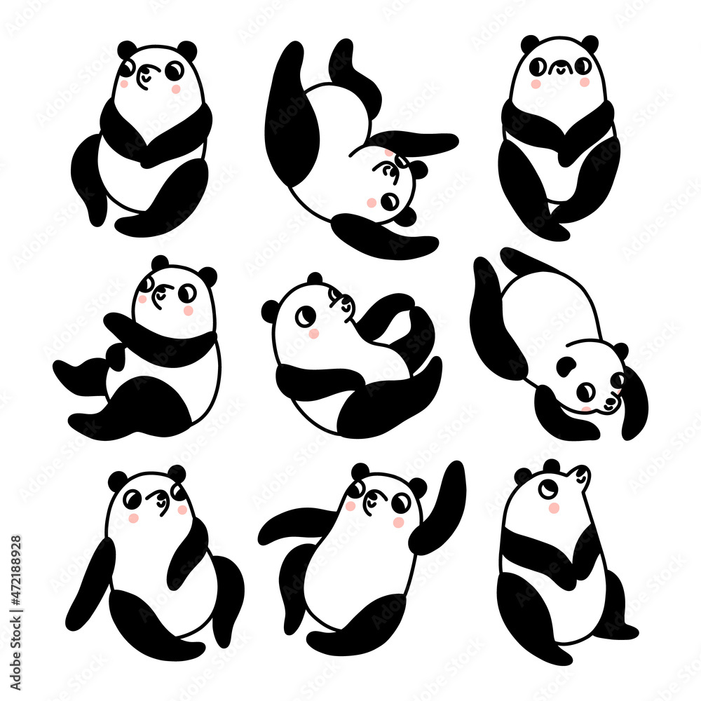 Obraz premium Set of 9 cute cartoon pandas, vector illustrations