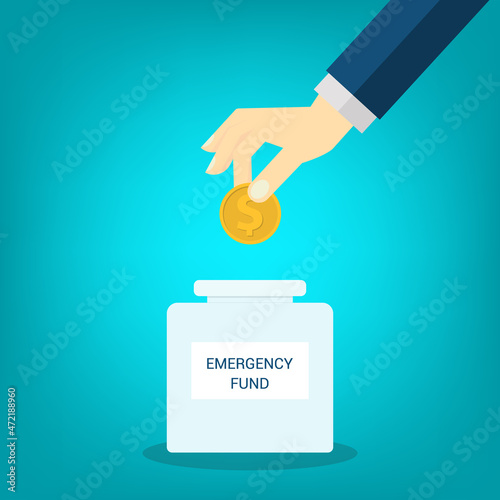 Saving dollar coin in money jar. Growth, income, savings, investment. Symbol of wealth. Business success. Flat style illustration.