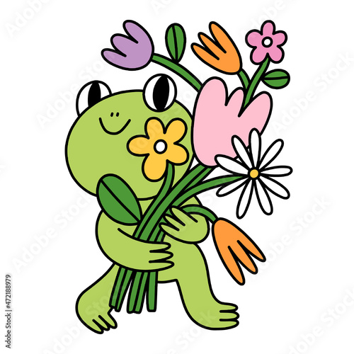 Cute little frog with flowers, vector illustration