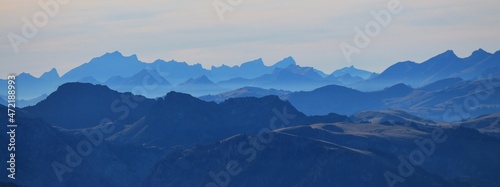 Outlines of mountain ranges seen from Mount Niesen  Switzerland.