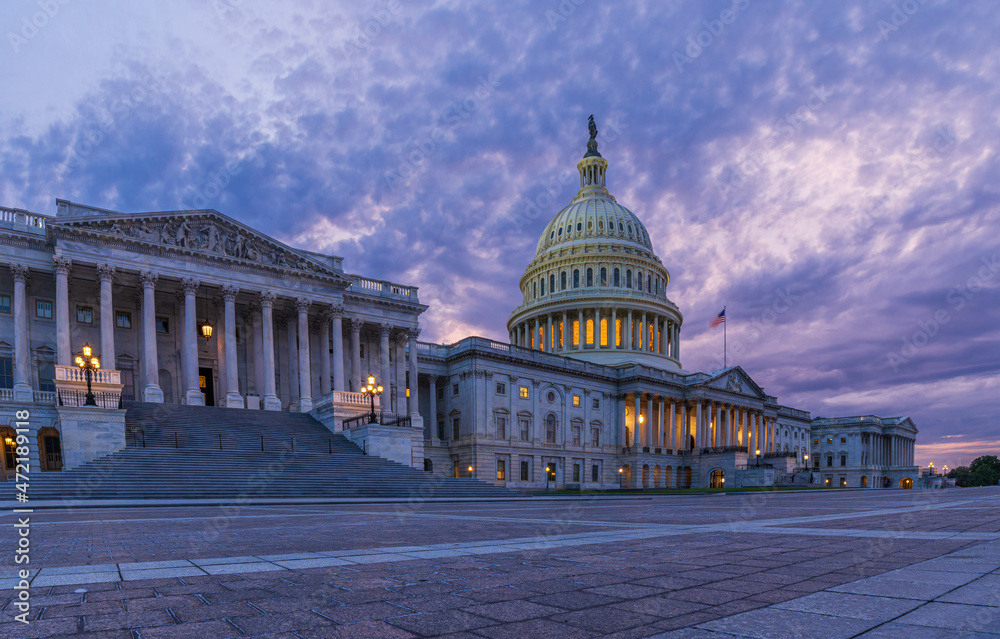 The capitol in Washington D.C., United States with an amazing sunset sky