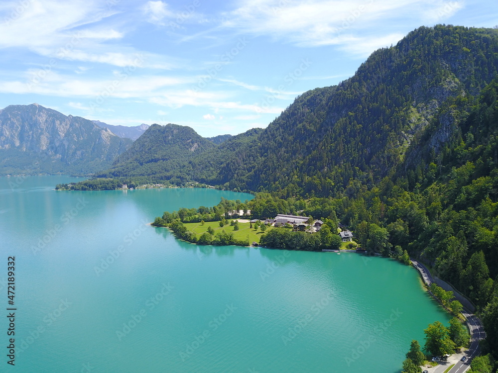 Drone view on lake Attersee in Upper Austria Austria