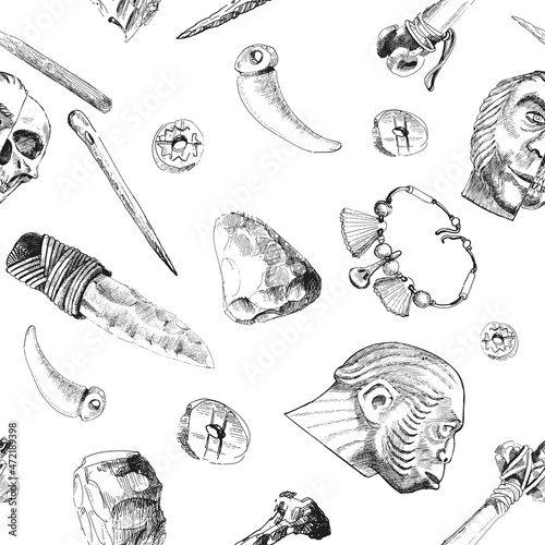 Caveman Household Items of the Stone Age life. Print of Archaeological Finds Cavemans
