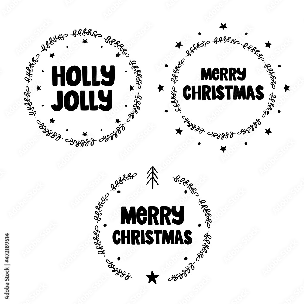 Fototapeta premium Doodle set hand drawn Christmas label, emblem or logo in doodle style.