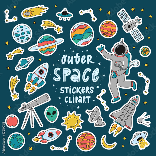 set of 29 space stickers with white outline. Good for sublimation, magnets, prints, cards, posters,  kids apparel design, etc. EPS 10