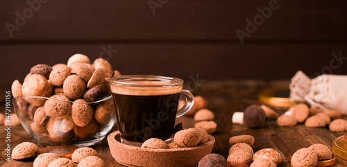 Dutch holiday Sinterklaas. kruidnoten cookies sweets, chocolate . Children party Saint Nicholas day five december. espresso coffee and sweets. space for text. banner long format