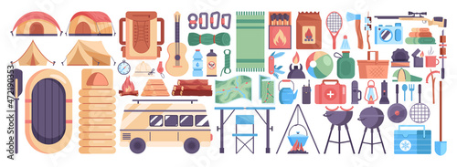 Hiking inventory set. Mountain travel, climbing and trekking equipment.