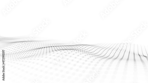 Abstract wave with moving dots and lines. Flow of particles. Cyber technology illustration. 3d rendering