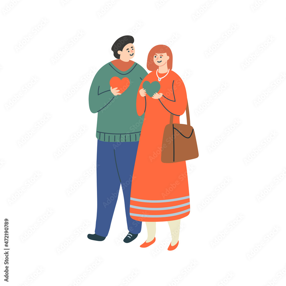 Happy young couple giving each other valentines hearts. Flat vector illustration. Happy young couple giving each other valentines hearts. Flat vector illustration.