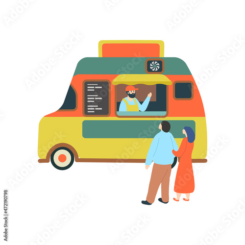 Food van with seller on white background. Flat vector illustration.