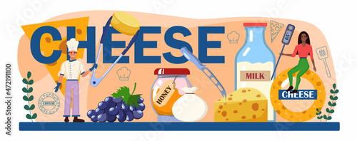 Cheese typographic header. Professional chef making block of cheese.