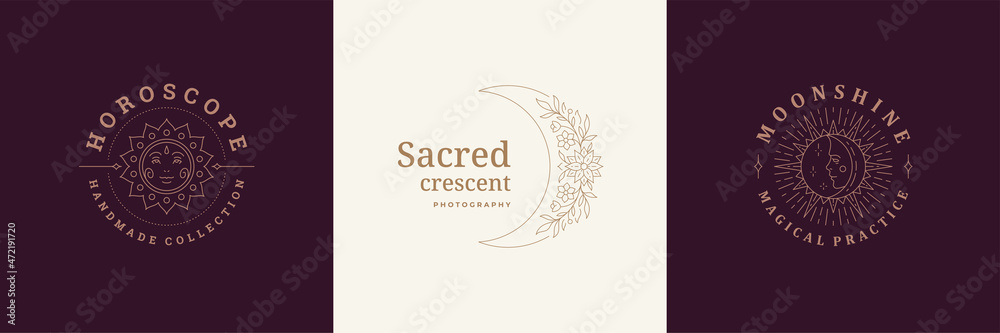 Esoteric logos emblems design templates set with mystic moon and magic sun vector illustrations minimal linear style
