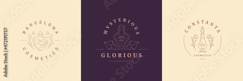 Mystic logos emblems design templates set with magic perfume bottles vector illustrations minimal linear style