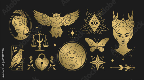 Magic woman boho vector illustrations of graceful feminine women and esoteric symbols set