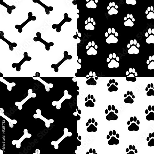 Vector set of 4 seamless patterns with paws and bones Black and white surface pattern designs