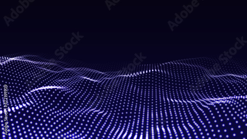 Abstract blue wave with moving dots. Flow of particles. Cyber technology illustration. Vector illustration.