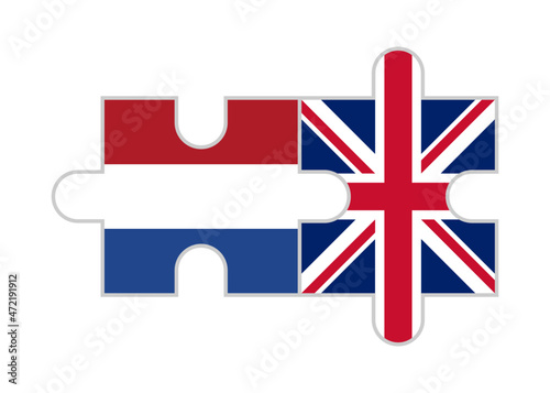 puzzle pieces of  netherlands and united kingdom flags. vector illustration isolated on white background