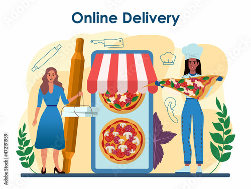 Pizzeria online service or platform. Chef cooking tasty delicious pizza