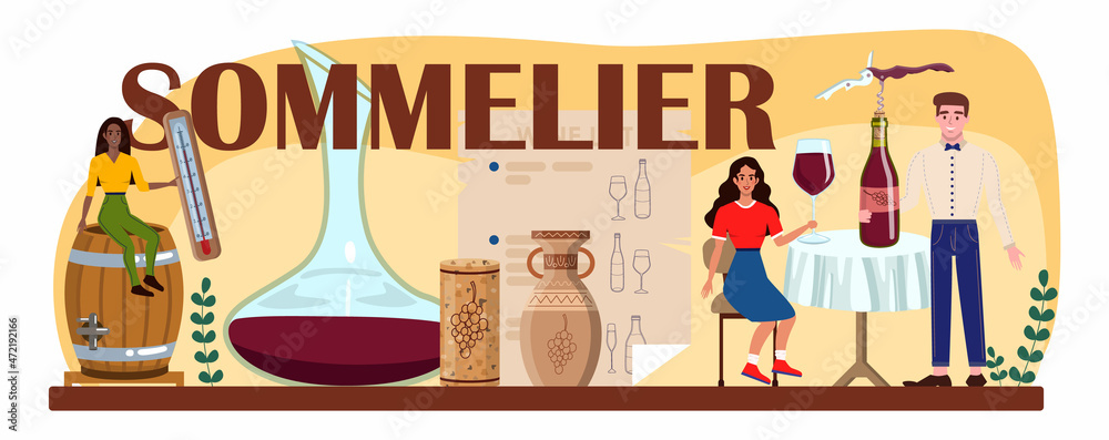 Sommelier typographic header. Specialist with a glass Sommelier typographic header. Specialist with a glass